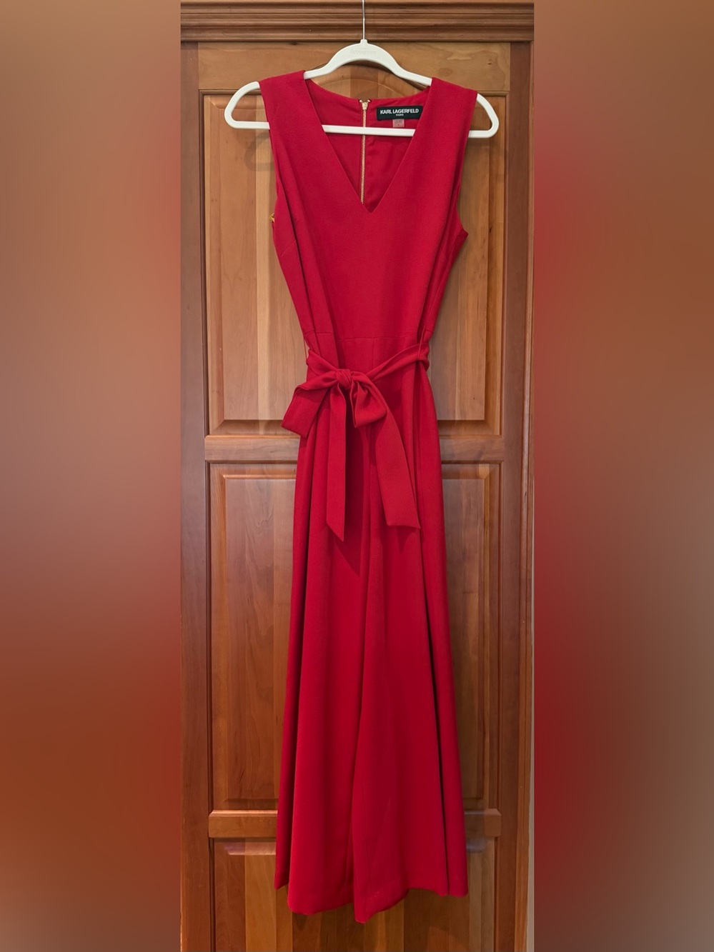 Karl Lagerfeld Sleeveless Red Tie-Waist Maxi Dress